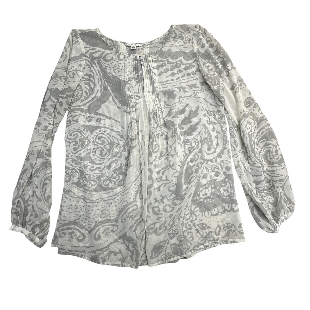 CAbi Blouse Womens Medium Gray Paisley Sheer Tunic Long Sleeve Pleated Boho